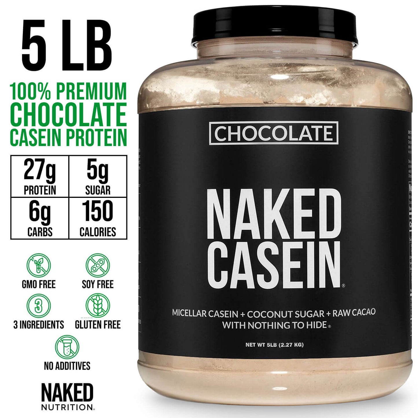 Chocolate Casein Protein Powder - 5LB - Chocolate with a Simple, Easy-Mix Protein Formula
